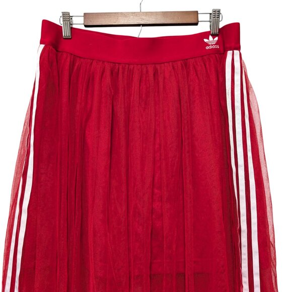 Adidas Womens Size XL Red Tulle Mesh Overlay 3 Side Stripes Pullon Midi Skirt - Picture 3 of 11